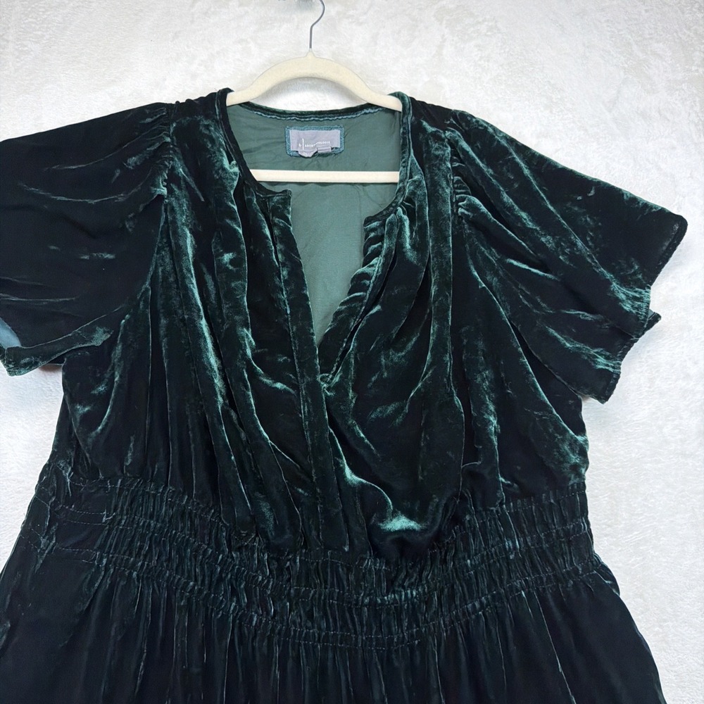 Anthropologie Women's 2X Green Velvet Mini Dress Smocked Waist Holiday Party - Picture 2 of 9